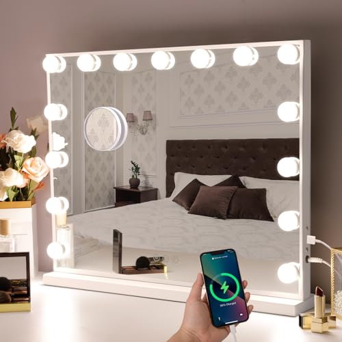 Hansong Vanity Mirror with Lights: Hollywood Lighted Makeup Mirror with 15 LED Bulbs, 22.8''x18'' Light Up Mirror with 3 Colors Modes for Desk, Large Mirrors with USB Charging Port for Bedroom, White - Image 1