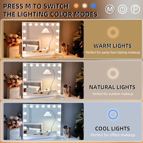 Hansong Vanity Mirror with Lights: Hollywood Lighted Makeup Mirror with 15 LED Bulbs, 22.8''x18'' Light Up Mirror with 3 Colors Modes for Desk, Large Mirrors with USB Charging Port for Bedroom, White - Image 3