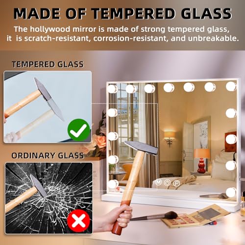 Hansong Vanity Mirror with Lights: Hollywood Lighted Makeup Mirror with 15 LED Bulbs, 22.8''x18'' Light Up Mirror with 3 Colors Modes for Desk, Large Mirrors with USB Charging Port for Bedroom, White - Image 2