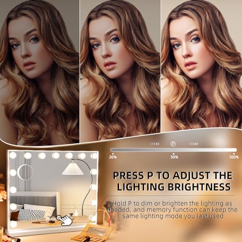 Hansong Vanity Mirror with Lights: Hollywood Lighted Makeup Mirror with 15 LED Bulbs, 22.8''x18'' Light Up Mirror with 3 Colors Modes for Desk, Large Mirrors with USB Charging Port for Bedroom, White - Image 5