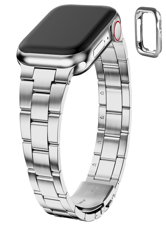 Fullmosa Compatible Metal Apple Watch Band 45mm 44mm 42mm, Upgraded Version Stainless Steel iWatch Strap with Case for iWatch Series 9/8/7/6/5/4/3/2/1/SE/Ultra, Silver - Image 1