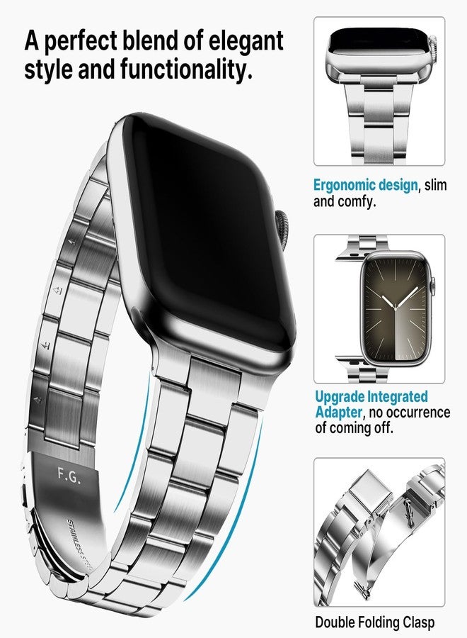 Fullmosa Compatible Metal Apple Watch Band 45mm 44mm 42mm, Upgraded Version Stainless Steel iWatch Strap with Case for iWatch Series 9/8/7/6/5/4/3/2/1/SE/Ultra, Silver - Image 3