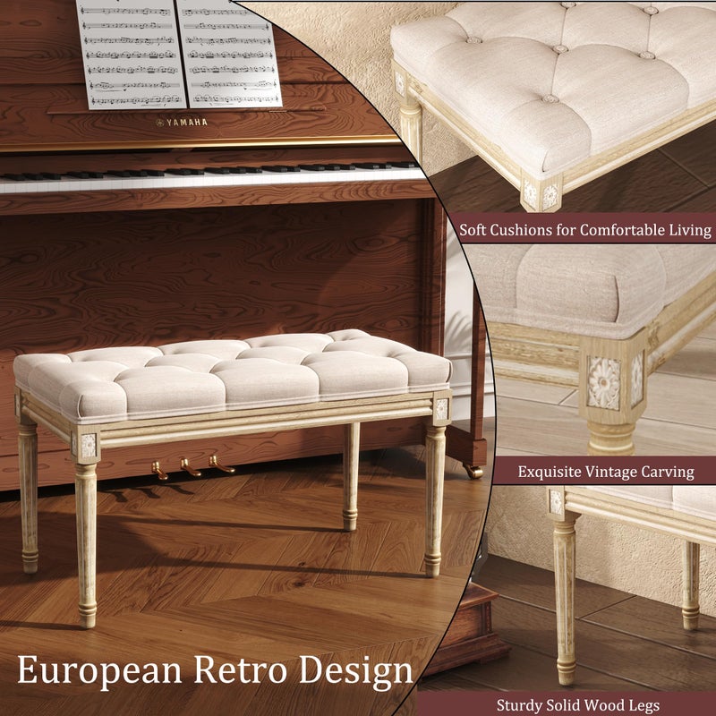 Yusong Upholstered Bench, Bedroom Bench for End of Bed, Piano Bench with Button Tufted Padded Seat for Living Room, Dining, Entryway, Shoe, Vanity Foot-Stool with Carved Wood Legs, Beige - Image 5