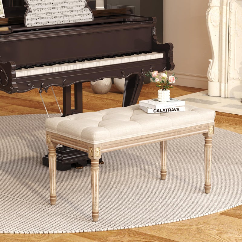 Yusong Upholstered Bench, Bedroom Bench for End of Bed, Piano Bench with Button Tufted Padded Seat for Living Room, Dining, Entryway, Shoe, Vanity Foot-Stool with Carved Wood Legs, Beige - Image 3