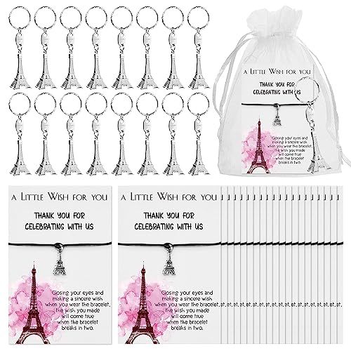 Equsion 25 Sets PParis arty Gift Bulk Eiffel Tower Keychains Bracelets Thank You Cards with Bag Sweet Party Supplies - Image 1
