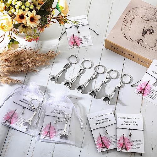 Equsion 25 Sets PParis arty Gift Bulk Eiffel Tower Keychains Bracelets Thank You Cards with Bag Sweet Party Supplies - Image 5