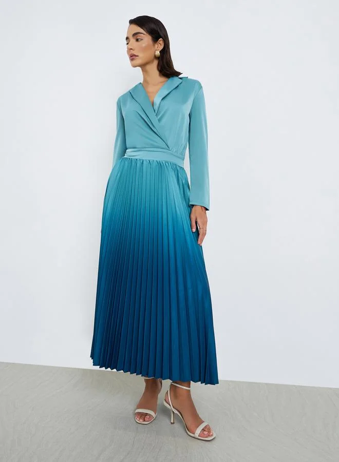 Styli  Blue Ombre Pleated Blazer Maxi Dress for Women | Best Price UAE