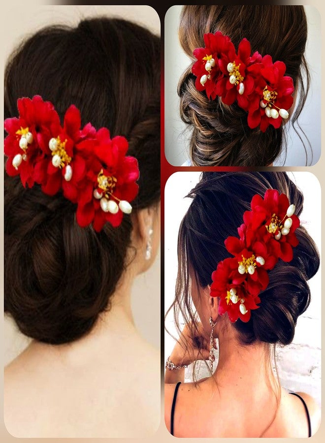 Hair Flare Rose Flower Comb Slide Hair Accessories/Hair Pins/Juda Bun Pin for Women and Girls- 2285, Red - Image 4