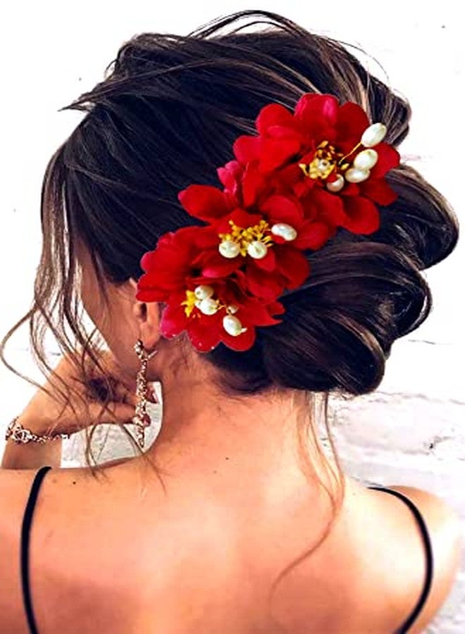 Hair Flare Rose Flower Comb Slide Hair Accessories/Hair Pins/Juda Bun Pin for Women and Girls- 2285, Red - Image 3