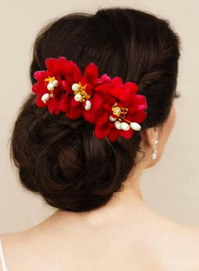 Hair Flare Rose Flower Comb Slide Hair Accessories/Hair Pins/Juda Bun Pin for Women and Girls- 2285, Red - Image 1