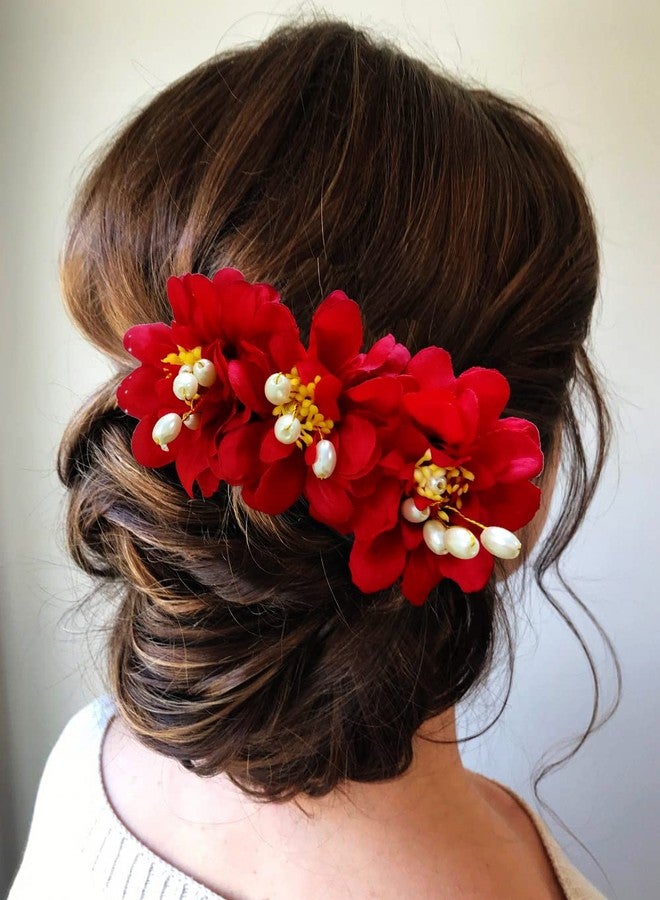 Hair Flare Rose Flower Comb Slide Hair Accessories/Hair Pins/Juda Bun Pin for Women and Girls- 2285, Red - Image 2