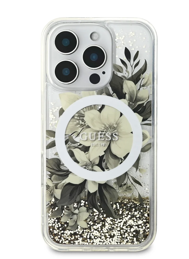 GUESS iPhone 16 Pro Magsafe Case Liquid Glitter Hard Cover with Flower Design / Drop protection / Easy Snap-On / Comfortable Grip-Beige