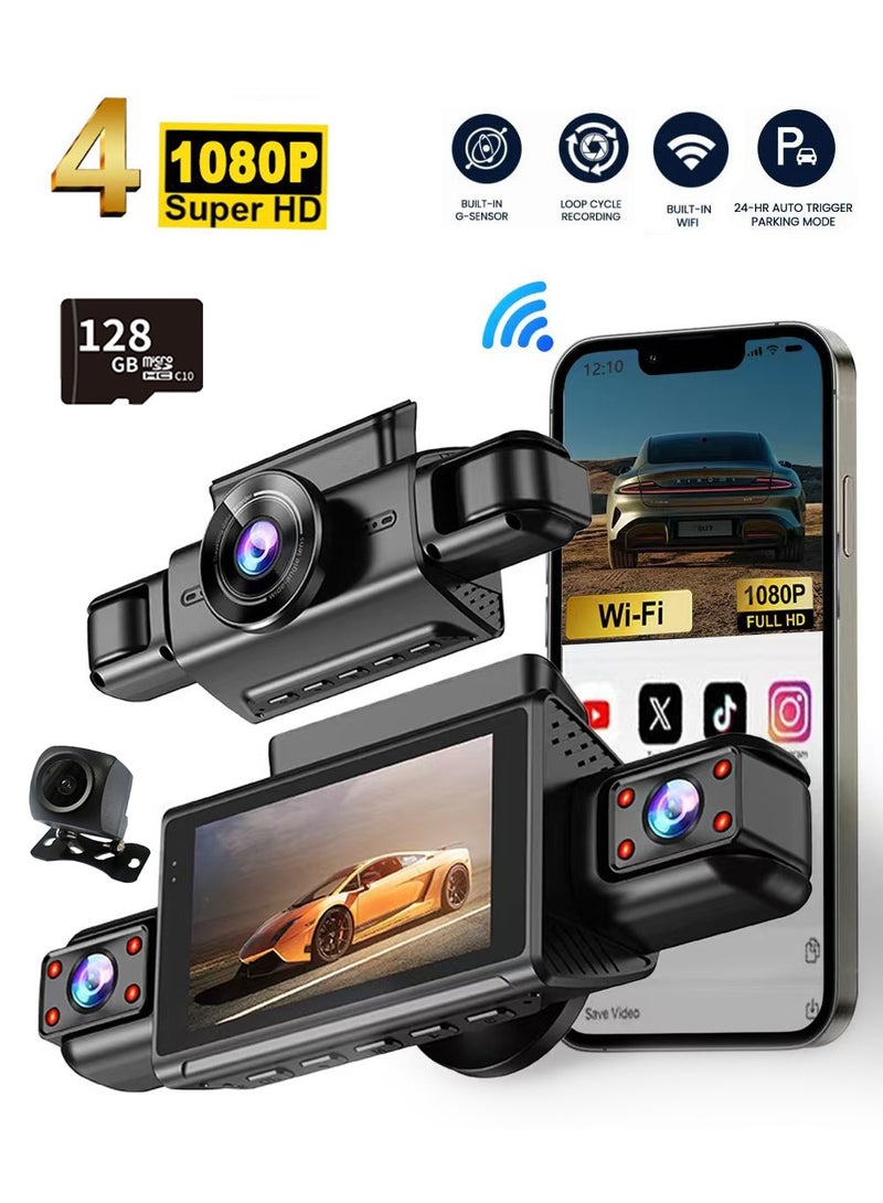 ديقيساند كاميرا تسجيل فيديو رقمية مخفية للسيارة بأربع قنوات مع تطبيق، وضع ركن السيارة على مدار 24 ساعة، مستشعر حركة، تسجيل متواصل، تصوير زمني، تسجيل خفي، رؤية ليلية، نطاق ديناميكي واسع، مع بطاقة ذاكرة 128 جيجابايت - Image 1