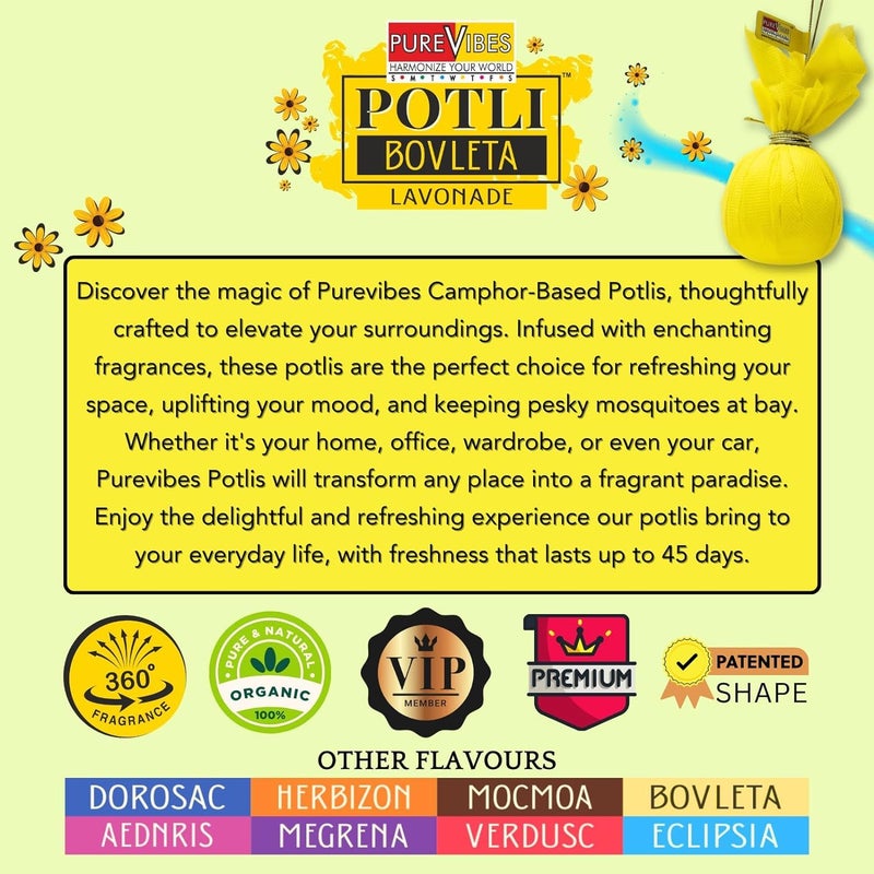 PureVibes Air Freshener Potli Bovleta Lavonade Organic Camphor Infused Air Freshener Odor Eliminator Works 247 Up To 45 Days For Bedroom Car Office Living Area Wardrobe Pack Of 4 - Image 4