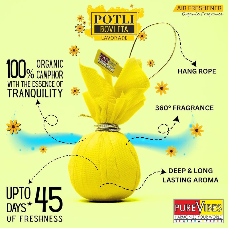 PureVibes Air Freshener Potli Bovleta Lavonade Organic Camphor Infused Air Freshener Odor Eliminator Works 247 Up To 45 Days For Bedroom Car Office Living Area Wardrobe Pack Of 4 - Image 2