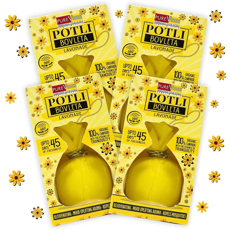 PureVibes Air Freshener Potli Bovleta Lavonade Organic Camphor Infused Air Freshener Odor Eliminator Works 247 Up To 45 Days For Bedroom Car Office Living Area Wardrobe Pack Of 4 - Image 1