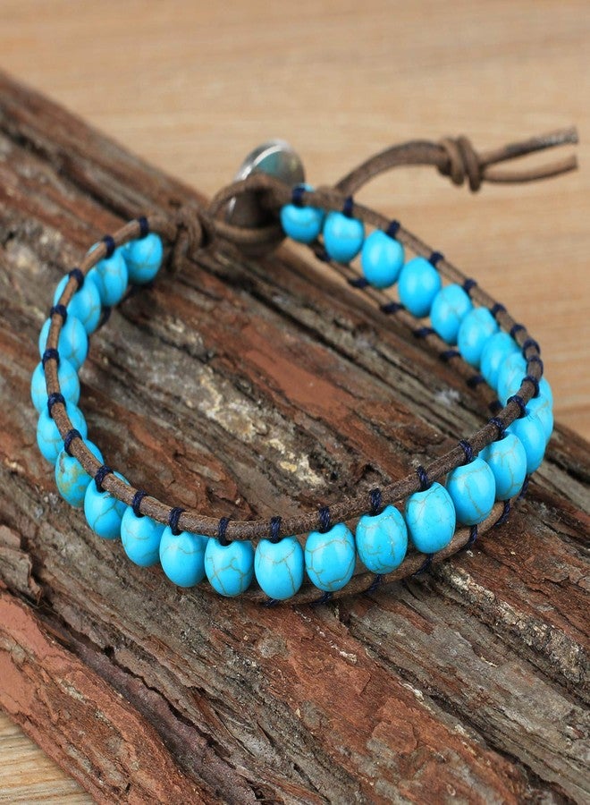 KELITCH New Turquoise Bracelets Skull Beaded Wrap Bracelet on Brown Leather Bracelets Handmade Jewelry - Image 3