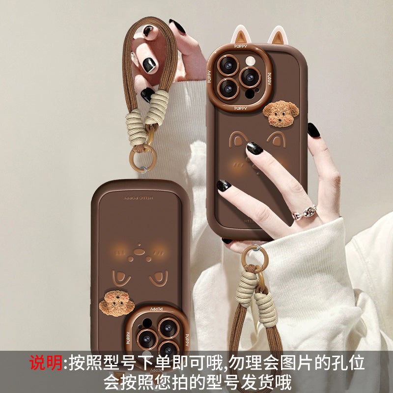 غطاء واقي بسيليكون باللون Coffee Brown من السيليكون لـ iPhone 13 مع حبل تعليق ونقشة كلب لطيف مع مقاوم للصدمات مع مقاوم للخدش مع حماية من السقوط للحمل اليومي للاستخدام المتكرر - Image 1