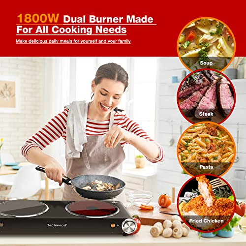 Techwood Hot Plate, Techwood 1800W Dual Electric Stove, Countertop Stove Double Burner for Cooking, Infrared Ceramic Hot Plates Double Cooktop, Brushed Stainless Steel Easy to Clean Upgraded Version, Black - Image 3