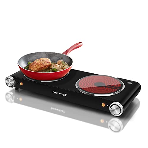 Techwood Hot Plate, Techwood 1800W Dual Electric Stove, Countertop Stove Double Burner for Cooking, Infrared Ceramic Hot Plates Double Cooktop, Brushed Stainless Steel Easy to Clean Upgraded Version, Black - Image 1