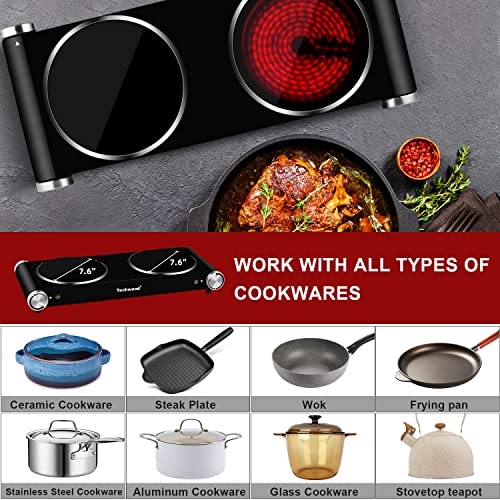Techwood Hot Plate, Techwood 1800W Dual Electric Stove, Countertop Stove Double Burner for Cooking, Infrared Ceramic Hot Plates Double Cooktop, Brushed Stainless Steel Easy to Clean Upgraded Version, Black - Image 4