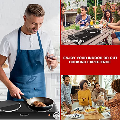 Techwood Hot Plate, Techwood 1800W Dual Electric Stove, Countertop Stove Double Burner for Cooking, Infrared Ceramic Hot Plates Double Cooktop, Brushed Stainless Steel Easy to Clean Upgraded Version, Black - Image 2