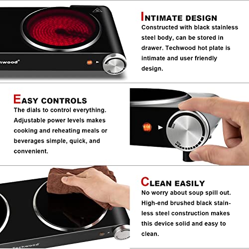 Techwood Hot Plate, Techwood 1800W Dual Electric Stove, Countertop Stove Double Burner for Cooking, Infrared Ceramic Hot Plates Double Cooktop, Brushed Stainless Steel Easy to Clean Upgraded Version, Black - Image 5