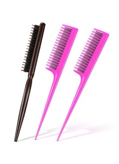 Patelai 3 Pieces Hair Teasing Comb Set Includes 2 Nylon Triple Teasing Comb Rat Tail Combs And Boar Bristle Teaser Brushes For Women Stylist Men Backcombing Slicking Curly Thick Wet Hair(Pink And Black)  - Image 2