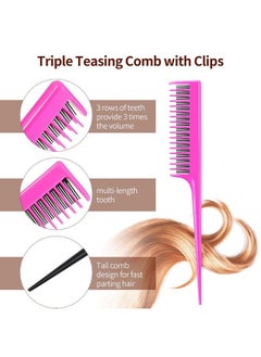 Patelai 3 Pieces Hair Teasing Comb Set Includes 2 Nylon Triple Teasing Comb Rat Tail Combs And Boar Bristle Teaser Brushes For Women Stylist Men Backcombing Slicking Curly Thick Wet Hair(Pink And Black)  - Image 3