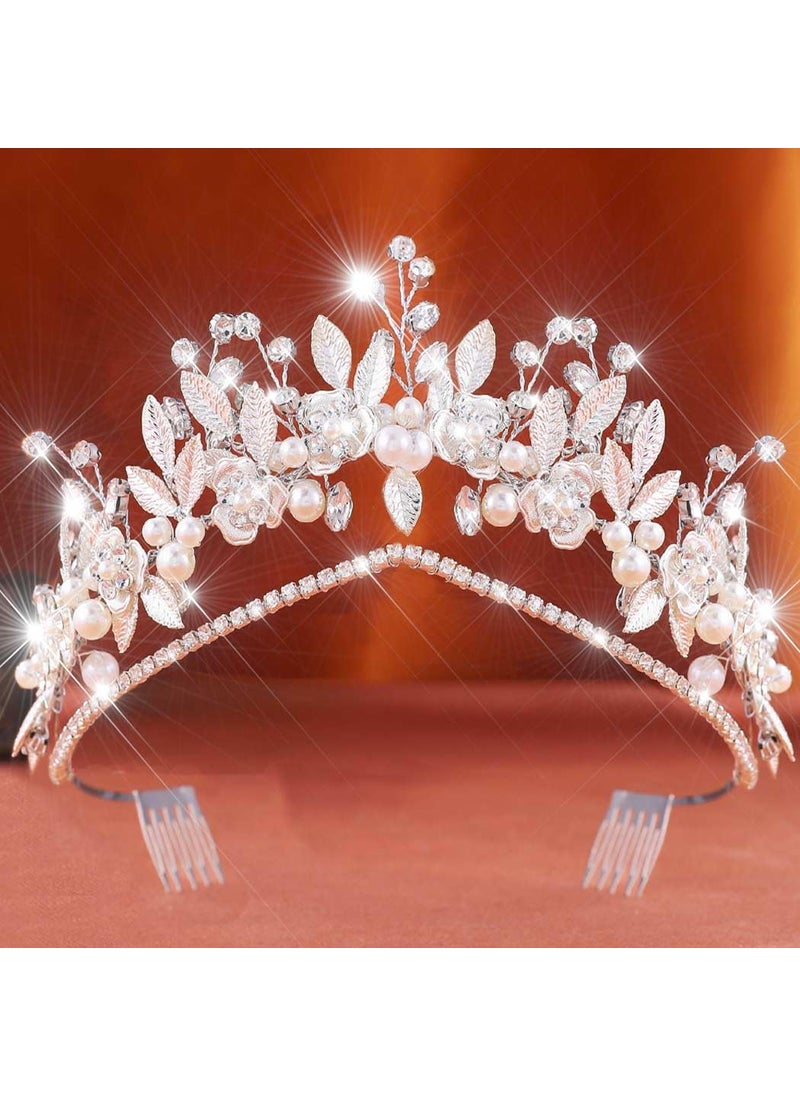 Latious - Latious Leaf Bride Wedding Tiaras Silver Rhinestone Princess Headwear Pearl Bridal Headpiece for Women Silver - Image 1