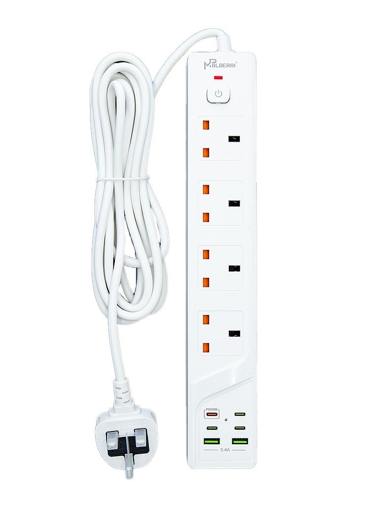 MP BLBERRI - Power Socket 3250W 3 Meter White | 4 High Power Sockets | 4 PD Ports for Fast Charging | 2 USB Ports for Fast Charging - Image 1