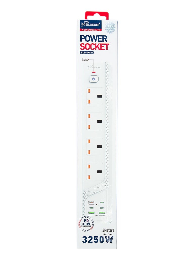 MP BLBERRI - Power Socket 3250W 3 Meter White | 4 High Power Sockets | 4 PD Ports for Fast Charging | 2 USB Ports for Fast Charging - Image 1