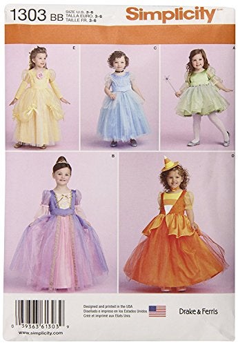 SIMPLICITY 1303 Girl's Halloween Costume Princess Dress Sewing Pattern, Sizes BB (3-6) - Image 5