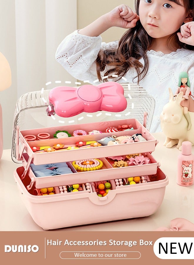 DUNISO Hair Accessories Storage Box with Lid, Lockable Three-layer Folding Cosmetics Jewelry Storage Box with Expandable Tray and Handle, Portable Headbands Holder Case Craft Organizer for Girls  - Image 1