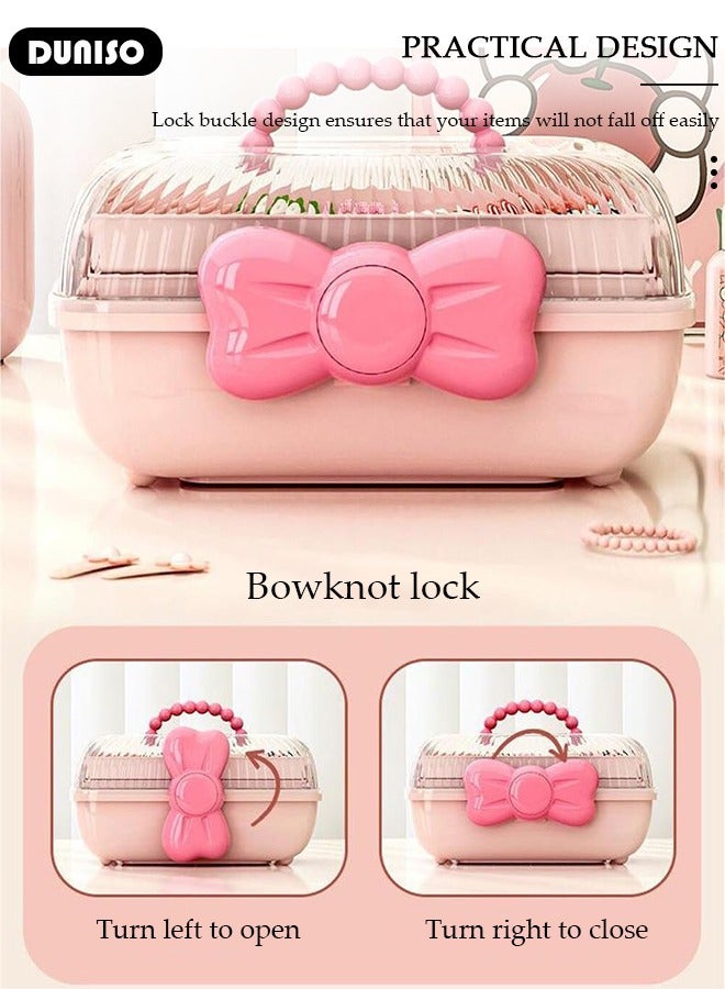 DUNISO Hair Accessories Storage Box with Lid, Lockable Three-layer Folding Cosmetics Jewelry Storage Box with Expandable Tray and Handle, Portable Headbands Holder Case Craft Organizer for Girls  - Image 2
