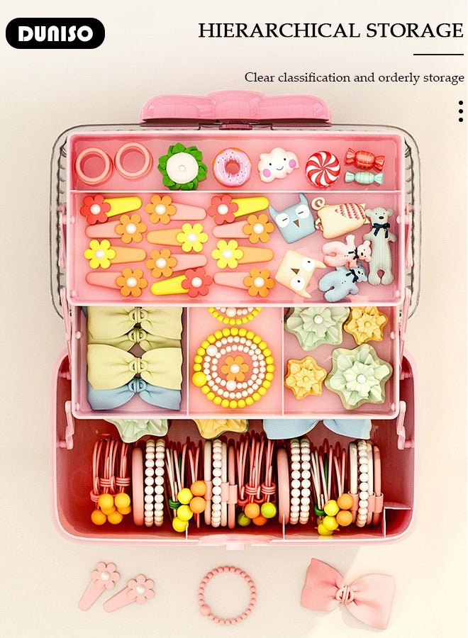 DUNISO Hair Accessories Storage Box with Lid, Lockable Three-layer Folding Cosmetics Jewelry Storage Box with Expandable Tray and Handle, Portable Headbands Holder Case Craft Organizer for Girls  - Image 3
