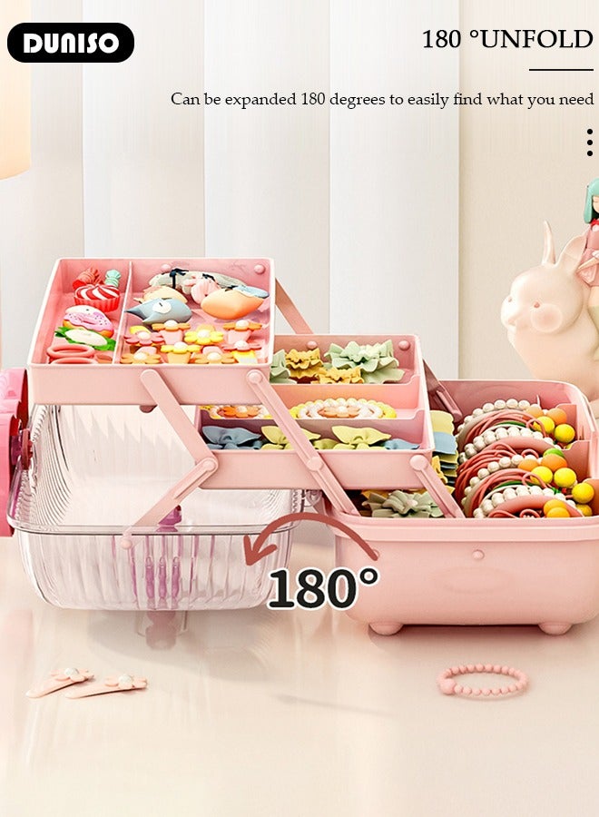 DUNISO Hair Accessories Storage Box with Lid, Lockable Three-layer Folding Cosmetics Jewelry Storage Box with Expandable Tray and Handle, Portable Headbands Holder Case Craft Organizer for Girls  - Image 5