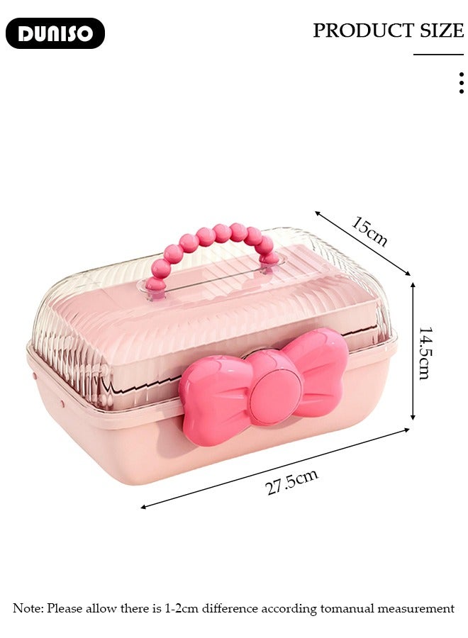 DUNISO Hair Accessories Storage Box with Lid, Lockable Three-layer Folding Cosmetics Jewelry Storage Box with Expandable Tray and Handle, Portable Headbands Holder Case Craft Organizer for Girls  - Image 4