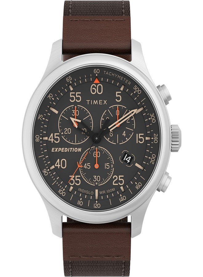 Timex Men's Expedition Field Chrono 43mm Watch - Brown Strap Black Dial Silver-Tone Case, Brown - Image 1