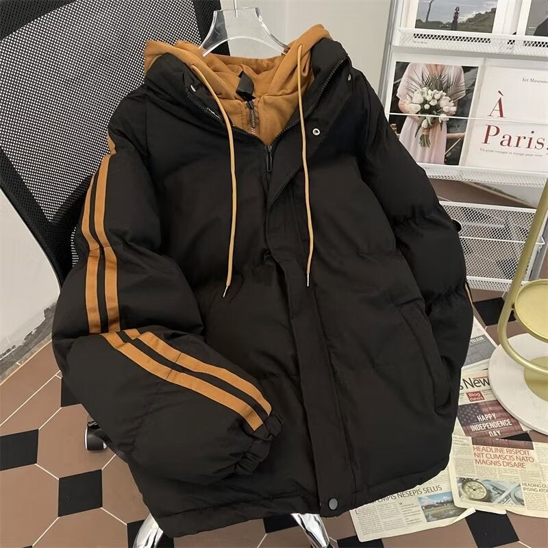 Mens Autumn and Winter fleece-lined Thickened Fake Two-piece Cotton-padded Jacket Mens Down Cotton-padded Jacket Mens Trendy Brand Winter Coat Black - Image 1