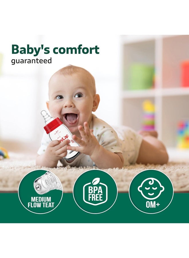 Luvlap Essential Slim Neck Glass Feeding Bottle, 125ml, 0m+/Babies Upto 3 Years, Made of Borosilicate Glass, BPA Free, Ergonomic Shape is Easy to Hold, with Anti Colic Nipple, Pack of 2, White & Red - Image 2