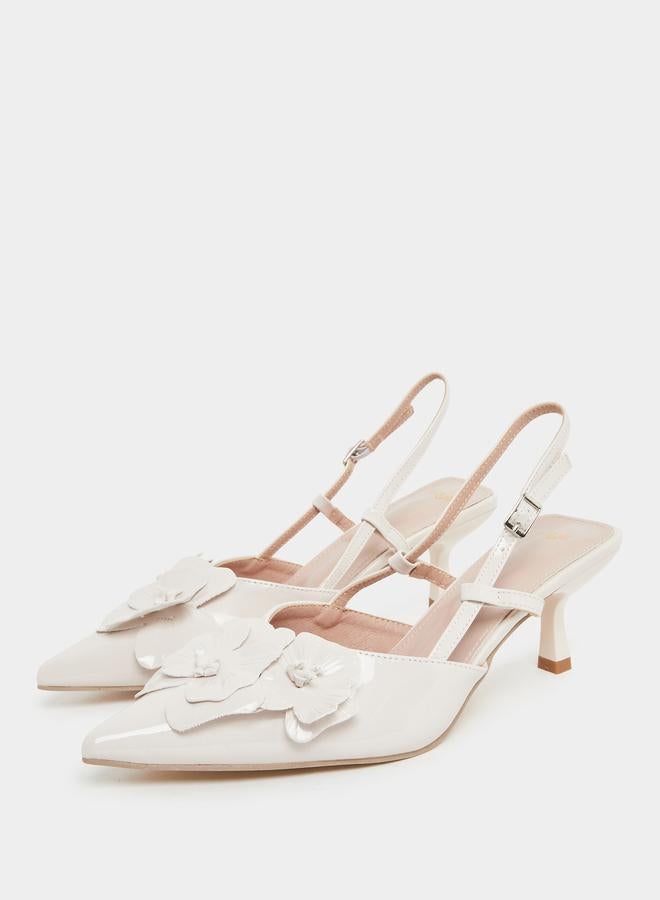 Styli White Floral Slingback Kitten Heel Sandals - Image 2