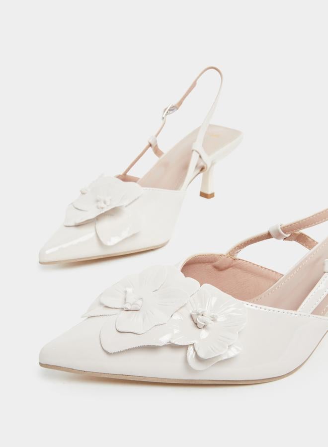 Styli White Floral Slingback Kitten Heel Sandals - Image 3