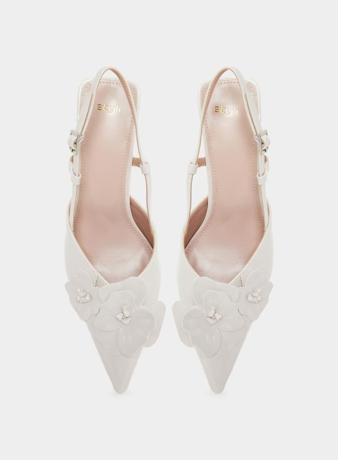 Styli White Floral Slingback Kitten Heel Sandals - Image 5