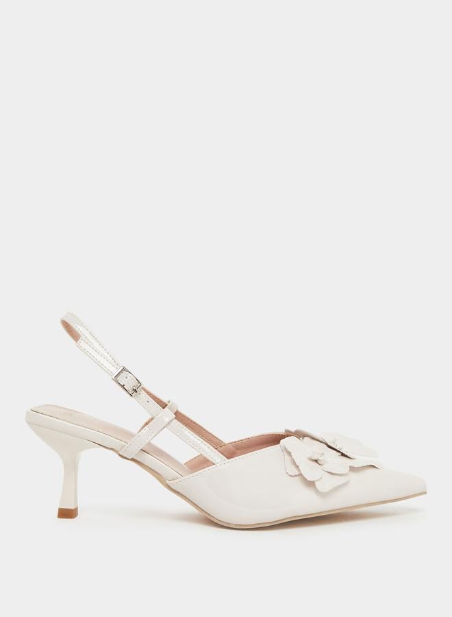 Styli White Floral Slingback Kitten Heel Sandals - Image 1