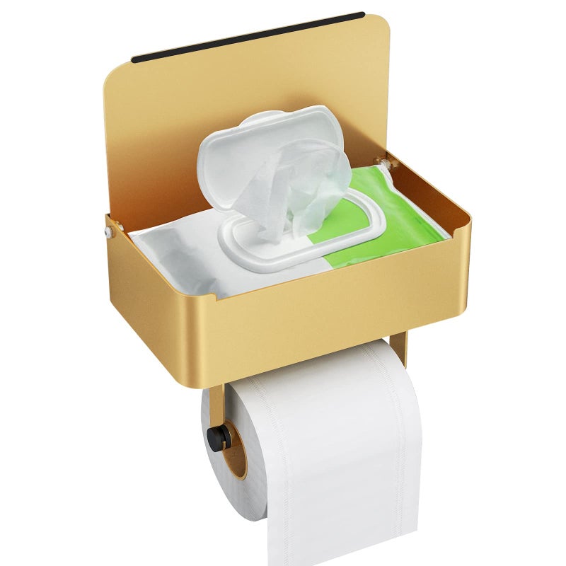 JUYSON Toilet Paper Holder with Shelf Flushable Wipes Dispenser Fits for Bathroom Wipe Storage Keep Your Wipes Hidden Out of Sight  SUS304 Stainless Steel Wall Mount Organizer Color Gold