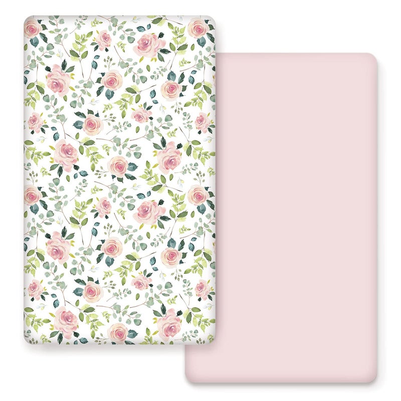 GRSSDER Stretchy Ultra Soft Jersey Knit Fitted Crib Sheets Set 2 Pack, Cozy Crib Sheet Girl Fits All Standard Crib Mattress Pads, Beautiful Pink Rose Print - Image 1