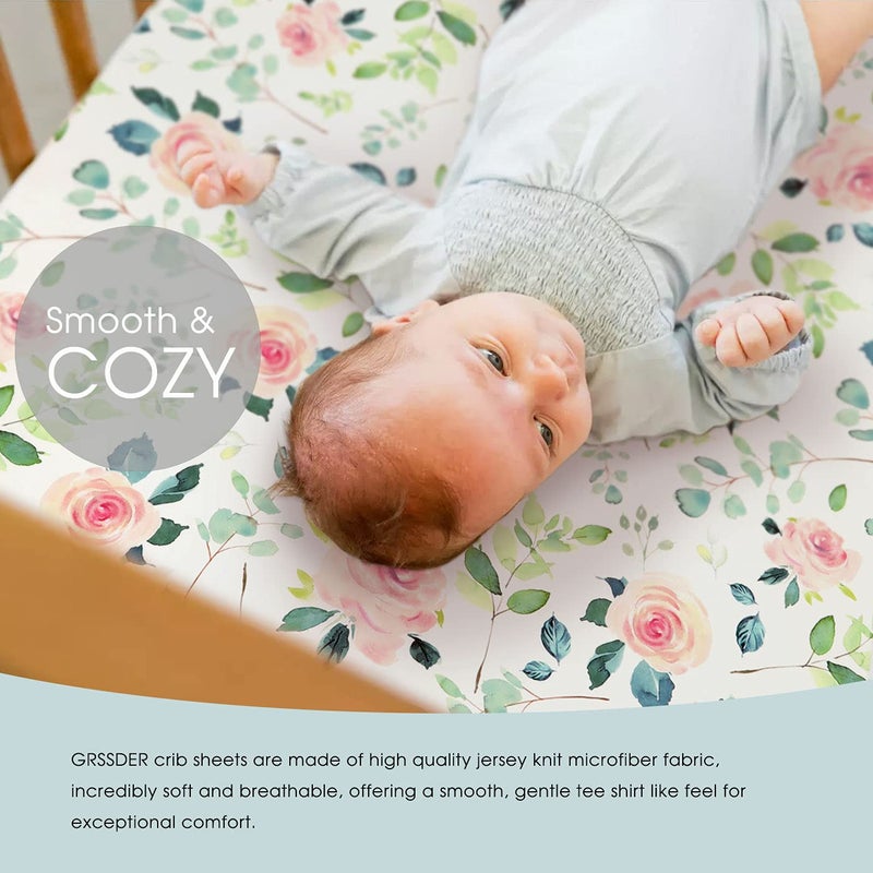 GRSSDER Stretchy Ultra Soft Jersey Knit Fitted Crib Sheets Set 2 Pack, Cozy Crib Sheet Girl Fits All Standard Crib Mattress Pads, Beautiful Pink Rose Print - Image 3