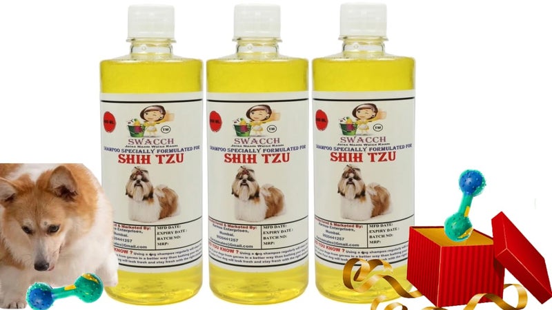 swacch Shih Tzu Dog Shampoo + Dumbbell Toy I Durable Rubber Dog Toy for Chewing I Playing,Teeth Cleaning & Training Toy I Combo Pack I 500ml Pack of 3 Lemon - Image 1