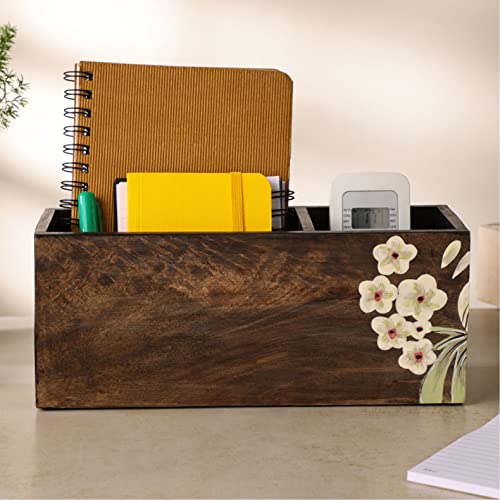 dudki 2 Compartment Floral Design Wooden Desk organizer caddy For Multipurpose stationary Storage Pen Stand Accessories With 2 Slots, Wooden, Classy looking dining table décor - Image 1